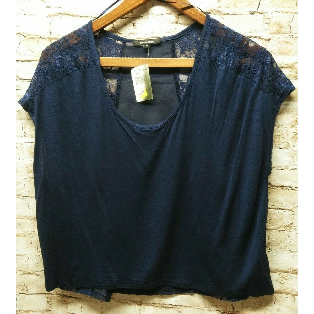 Ambiance WomenTop M Navy Lace Sheer Back Short Sleeve Romantic Feminine Chic NWT